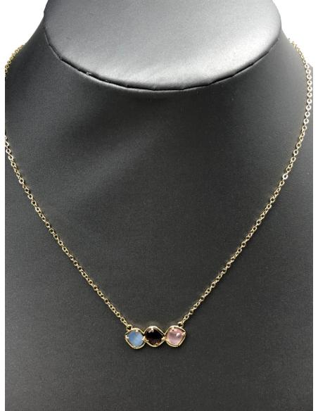 COLLARES BISUTERIA FINA CON COLGANTE TRICOLOR DE PIEDRA Y BAÑO ORO