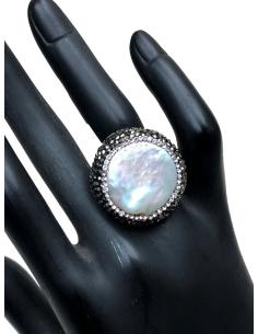 ANILLOS MUJER GRANDES, PRECIOSO DISEÑO DE GRAN PERLA CUBIERTA DE CIRCONITAS Y ANTRACITA