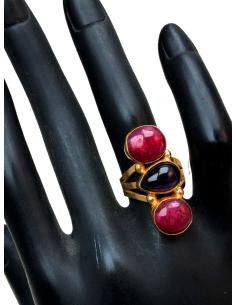 ANILLOS MUJER BAÑO DE ORO FUCSIA Y AMATISTA TRIO DE PIEDRAS NATURALES