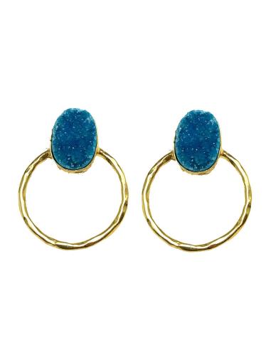 PENDIENTES MUJER ARO DORADO CON PIEDRA DRUSA AZUL, ORIGINAL DISEÑO ACTUAL