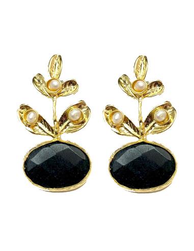 PENDIENTES MUJER NEGROS CON ELEGANTE DISEÑO DE RAMA PERLADA