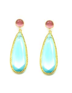 PENDIENTES LAGRIMA  DE PIEDRAS NATURALES ROSA Y AZUL AGUA