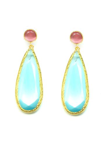 PENDIENTES LAGRIMA  DE PIEDRAS NATURALES ROSA Y AZUL AGUA