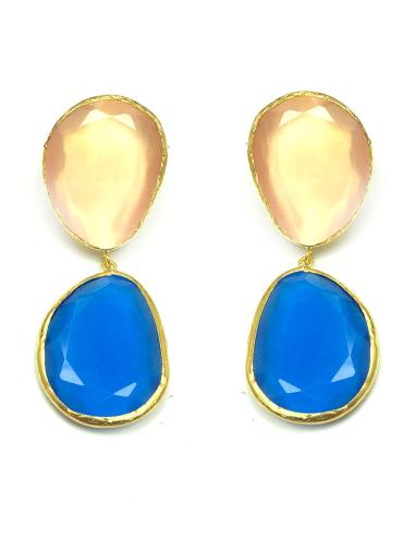 PENDIENTES PIEDRAS NATURALES EN BICOLOR TONOS SALMON Y AZUL