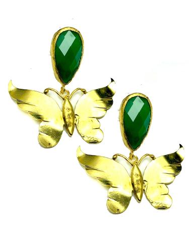 PENDIENTES DORADOS ORIGINALES VERDES CON MARIPOSA PRECIOSO TRABAJO