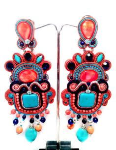 PENDIENTES FLAMENCA EXCLUSIVOS GRANDES DISEÑOS SOUTACHE CORAL  Y TURQUESA