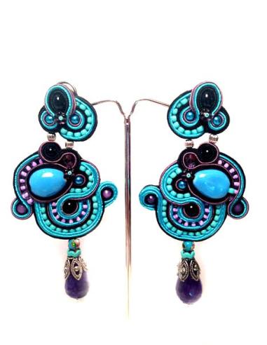 PENDIENTES FLAMENCA BISUTERIA ELAGENTE SOUTACHE TURQUESA MALVA