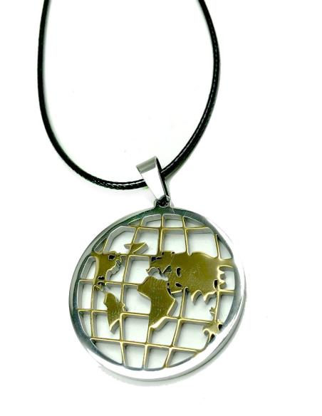 COLGANTE ACERO BISUTERIA FINA CON MAPA MUNDI BICOLOR