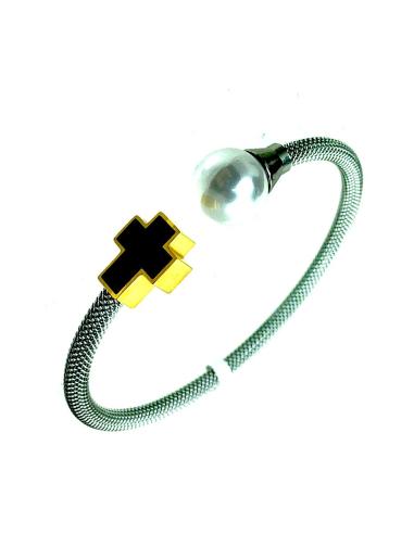 PULSERAS MUJER ACERO MUY DE MORA DECORADA CON PERLA Y CRUZ