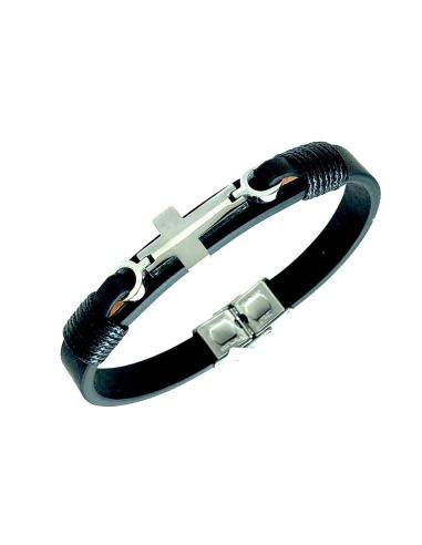 PULSERAS HOMBRE DE CUERO Y ACERO CON CRUZ CENTRAL