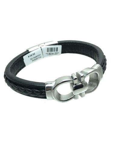 PULSERAS HOMBRE DE ACERO Y CUERO CON ADORNO CENTRAL