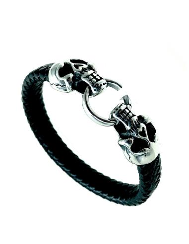 PULSERAS HOMBRE DE ACERO Y CUERO CON DOS CALAVERAS CENTRALES