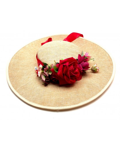 PAMELAS PARA BODAS Y EVENTOS COLOR RAFIA Y FLORES ROJAS