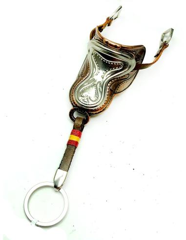 LLAVEROS  PIEL  ORIGINALES CON BANDERA DE ESPAÑA Y MONTURA DE CABALLOS