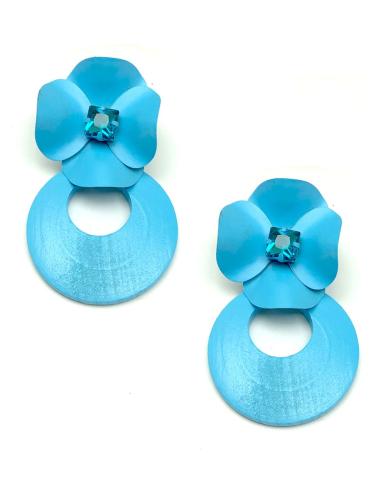 PENDIENTES LARGOS AZULES DE ARO CON VISTOSA FLOR