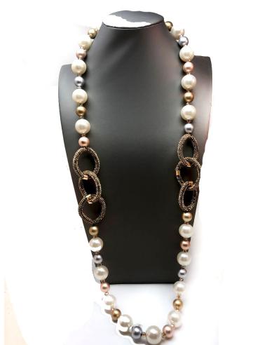 COLLARES LARGOS DE PERLAS BICOLOR EN DORADO CON CRISTAL
