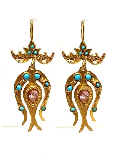 PENDIENTES LARGOS DORADOS CON ADORNOS EN TURQUESA Y ROSA