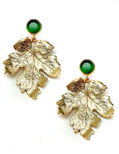 PENDIENTES DORADOS Y VERDES FORMA DE HOJA, JOYAS ONLINE