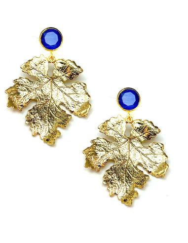 PENDIENTES DORADOS Y AZULES FORMA DE HOJA, JOYAS ONLINE