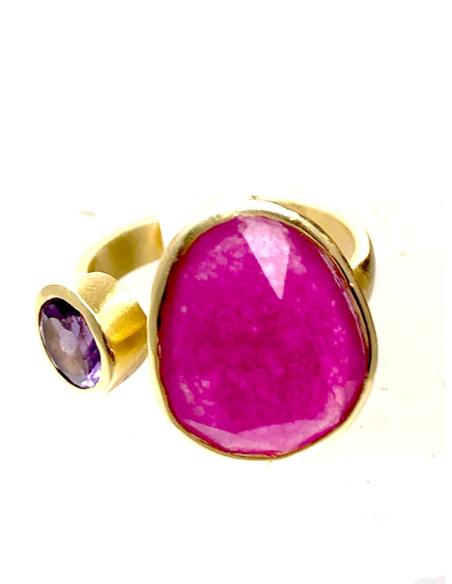 ANILLOS ONLINE MUJER CHAPADOS ORO DE PIEDRAS FUCSIAS Y AMATISTA