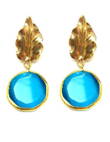 PENDIENTES MUJER DORADOS DE HOJA Y PIEDRA AZUL TURQUESA