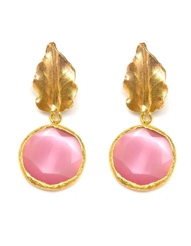 PENDIENTES MUJER FORMA DE HOJA Y PIEDRA NATURAL ROSA