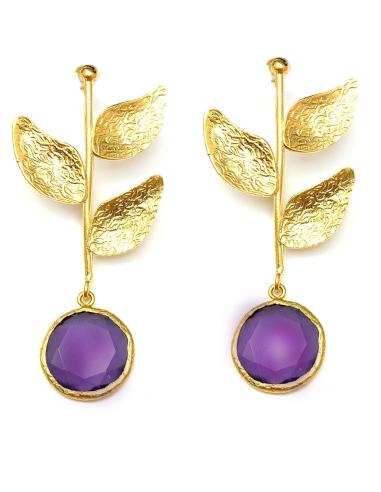 PENDIENTES MUJER LARGOS DE HOJAS Y PIEDRA MORADA, JOYAS MADRID