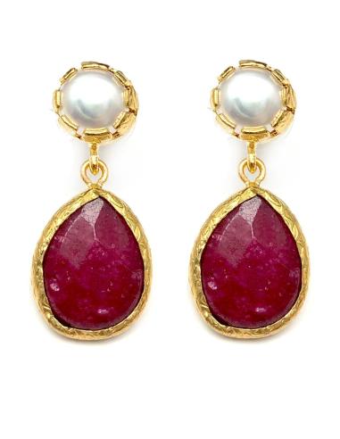 PENDIENTES MUJER DE LAGRIMA DOS PIEDRAS GRANATE Y PERLA, JOYAS ONLINE