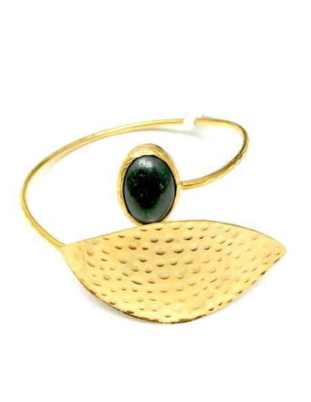 PULSERAS MUJER ORO BAÑO BONITA HOJA DECORADA CON PIEDRA VERDE