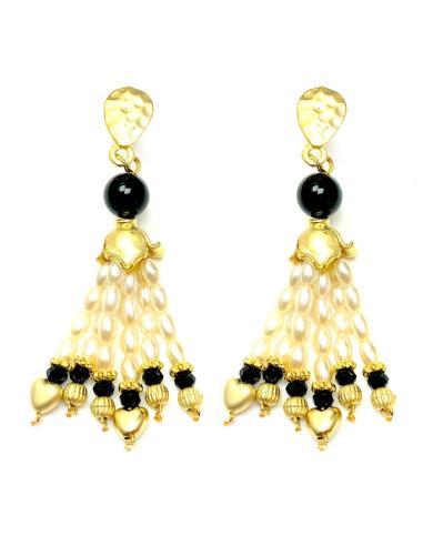 PENDIENTES MUJER DE CASCADA DE PERLAS Y PIEDRAS NEGRAS -BISUTERIA FINA ONLINE