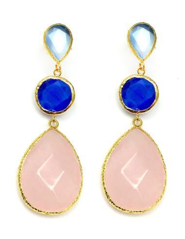 PENDIENTES LARGOS DE MUJER DE PIEDRAS ROSAS Y AZULES