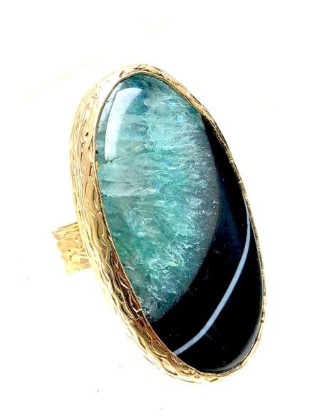 ANILLOS GRANDES NEGROS ORIGINALES DE PIEDRAS CON BAÑO DE ORO