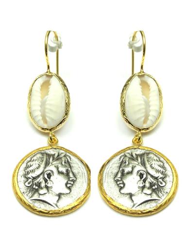 PENDIENTES LARGOS REPLICA DE MONEDAS ANTIGUAS CON CONCHAS