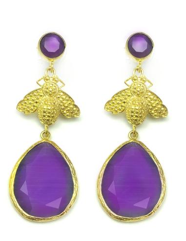 PENDIENTES DE MUJER MORADOS DE PIEDRAS DECORADOS CON INSECTOS