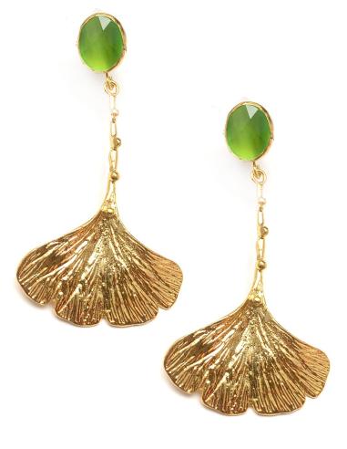 PENDIENTES DE MUJER LARGOS VERDES CON BAÑO DE ORO Y PIEDRAS