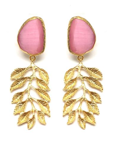 PENDIENTES DE MUJER LARGOS CON BAÑO DE ORO Y PIEDRAS ROSAS