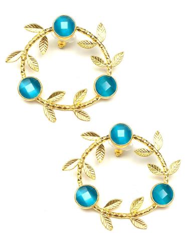 SOFISTICADOS PENDIENTES AZULES CON BONITAS HOJAS DORADAS