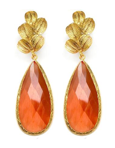 PENDIENTES NARANJAS LARGOS DECORADOS CON HOJITAS DORADAS