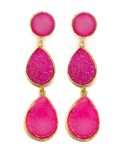 PENDIENTES LARGOS PARA MUJER CON BONITAS PIEDRAS DRUSAS ROSAS
