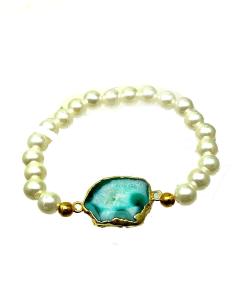 PULSERAS ELASTICAS CON PERLAS DECORADAS CON AGATA AZUL