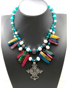 COLLARES MUJER CON CRUZ COPTA DE PLATA Y PIEDRAS SEMIPRECIOSAS