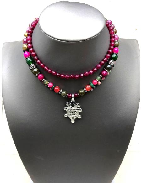 COLLARES MUJER DE PIEDRAS NATURALES CON CRUZ DE PLATA TUAREG DE ABALAK