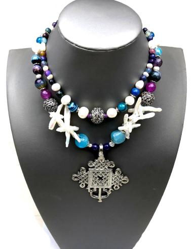 COLLARES MUJER DE PERLAS CON FABULOSA CRUZ COPTA DE PLATA ARTESANIA ANTIGUA AFRICANA