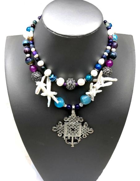 COLLARES MUJER DE PERLAS CON FABULOSA CRUZ COPTA DE PLATA ARTESANIA ANTIGUA AFRICANA