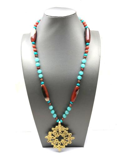 COLLARES MUJER ETNICOS CON CRUZ COPTA DE BRONCE Y PIEDRAS SEMIPRECIOSAS
