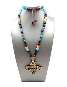 COLLARES MUJER LARGOS CON SEMIPRECIOSAS CON CUENTAS ARTESANAS AFRICANAS Y CRUZ ETIOPE DE BRONCE