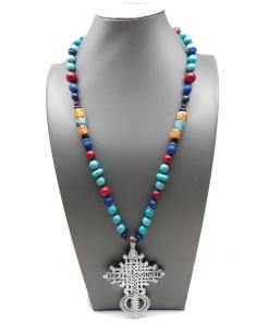 COLLARES MUJER LARGOS CON PIEDRAS TURQUESAS Y ESPECTACULAR CRUZ ETIOPE DE PLATA JOYAS ONLINE AFRICANAS