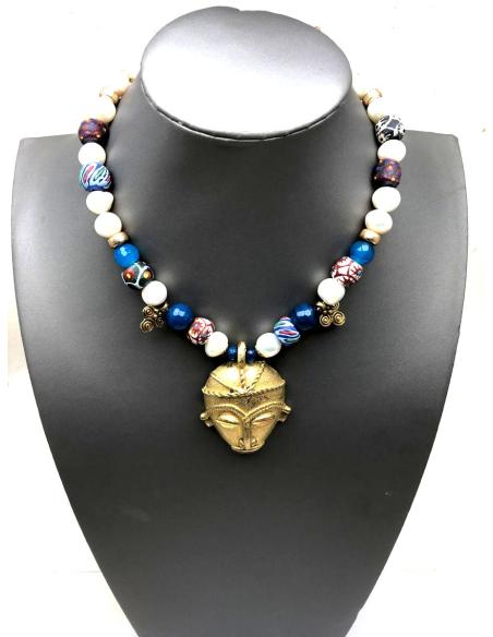 COLLARES MUJER JOYAS AFRICANAS CON PERLAS Y COLGANTE TRIBAL DE BRONCE