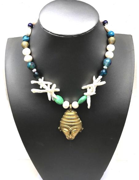 COLLARES MUJER JOYAS ETNICAS CON PERLAS BARROCAS Y COLGANTE AFRICANO EN BRONCE