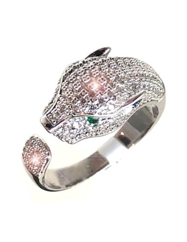 ANILLOS DE LEOPARDO CABEZA FELINA PLATEADA CUBIERTA DE PAVES